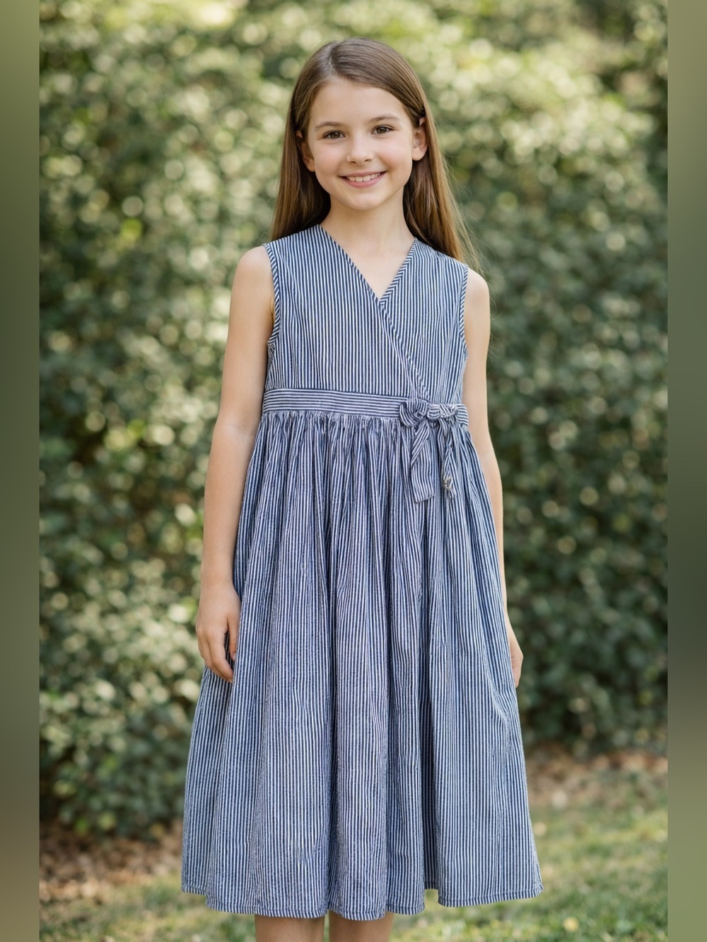 Vintage Strasburg Dress Girls 10 Blue Striped Seersucker Tie Long Button Back
